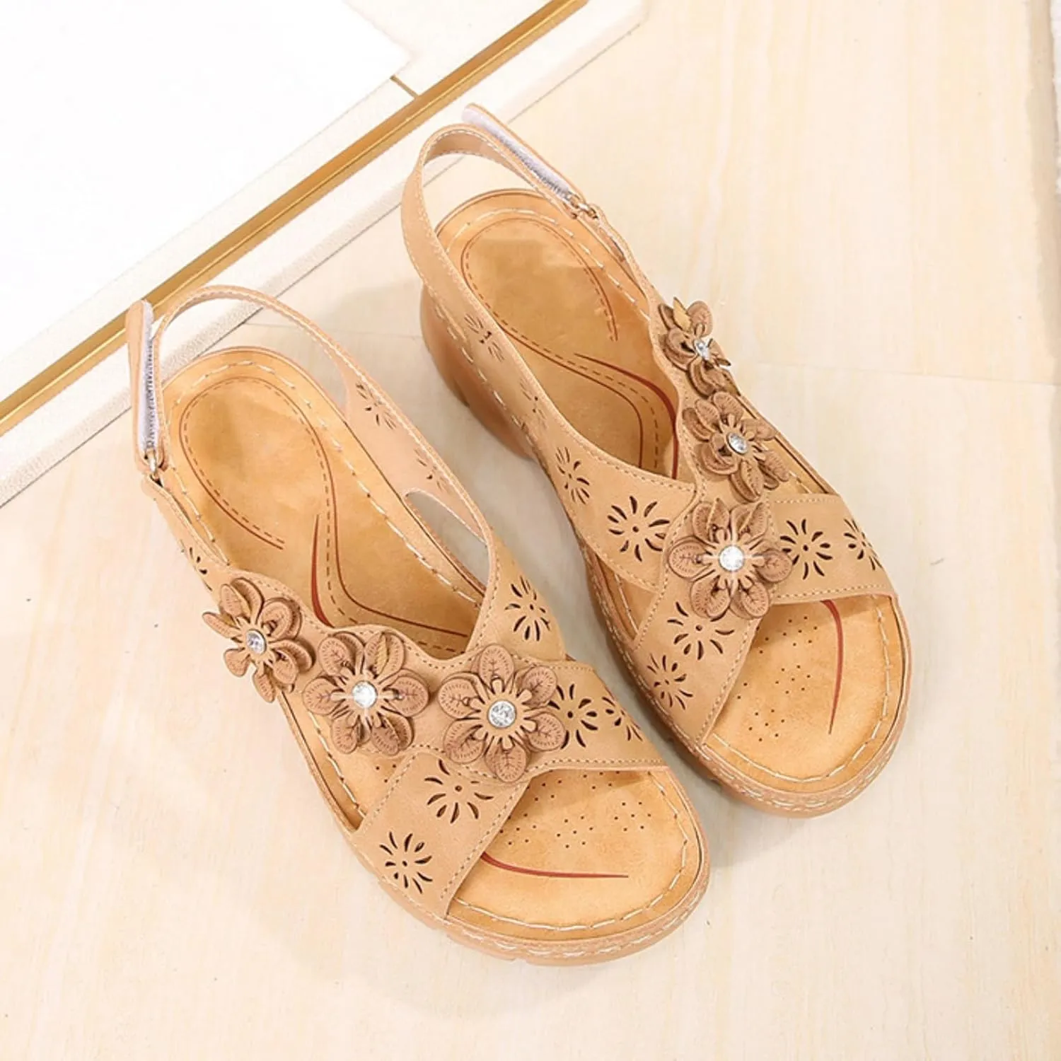 Orthopedic Shoes with Arch Support Sandals for Women Summer Ankle Strap Comfort Sole Open Toe Flat Sandals with Adjustable Hook Loop Flower Criss Cross Backstrap Walking Sandal Beach Outdoor Sandal