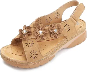 Orthopedic Shoes with Arch Support Sandals for Women Summer Ankle Strap Comfort Sole Open Toe Flat Sandals with Adjustable Hook Loop Flower Criss Cross Backstrap Walking Sandal Beach Outdoor Sandal