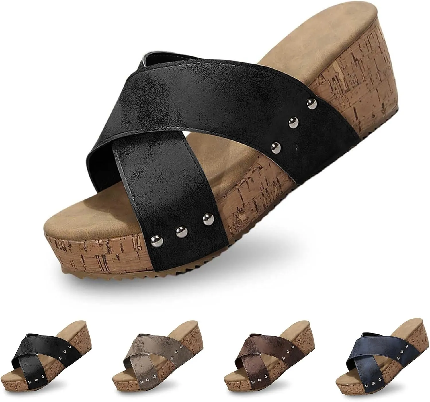 Orthopedic Wedge Sandals for Women Comfortable Leather Slip On Platform Sandals Women Trendy Crossover Straps Open Toe Sandal Shoes Breathable Walking Slippers