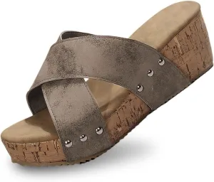Orthopedic Wedge Sandals for Women Comfortable Leather Slip On Platform Sandals Women Trendy Crossover Straps Open Toe Sandal Shoes Breathable Walking Slippers