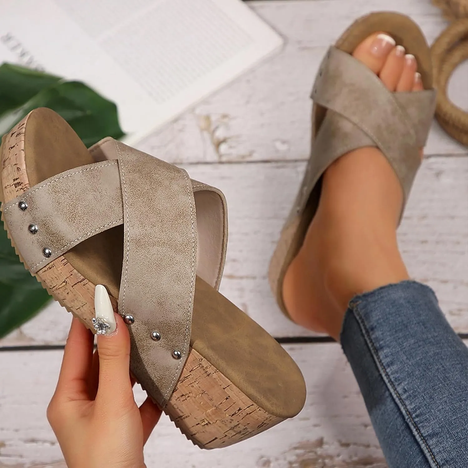 Orthopedic Wedge Sandals for Women Comfortable Leather Slip On Platform Sandals Women Trendy Crossover Straps Open Toe Sandal Shoes Breathable Walking Slippers
