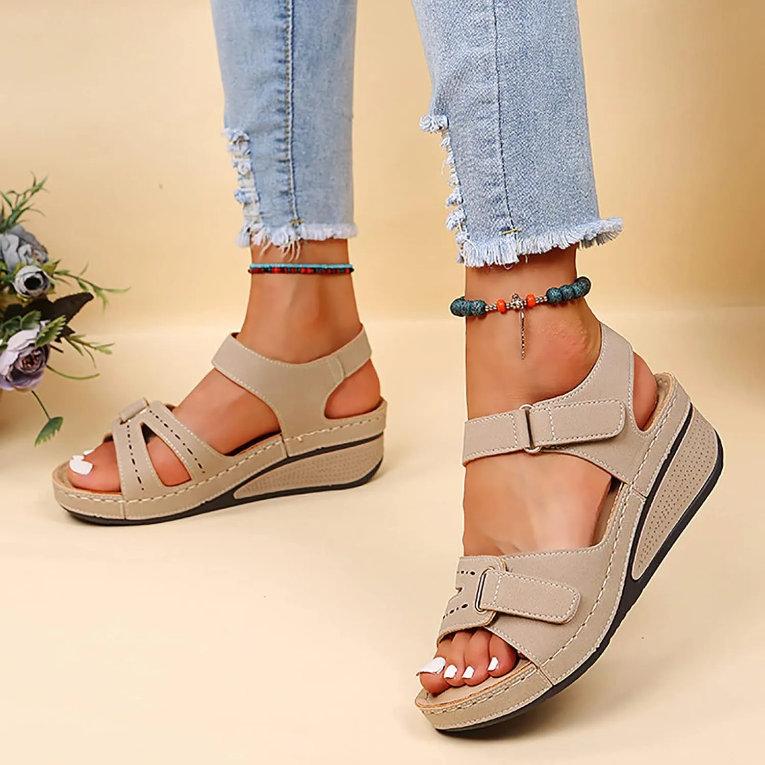 Orthopedic Wedge Sandals for Women Summer Dressy, Open Toe Ankle Strap Casual Platform Sandals Strappy Low Wedges Slip on Sandals Beach Sandals Dress Shoes Comfortable Outdoor Shoes