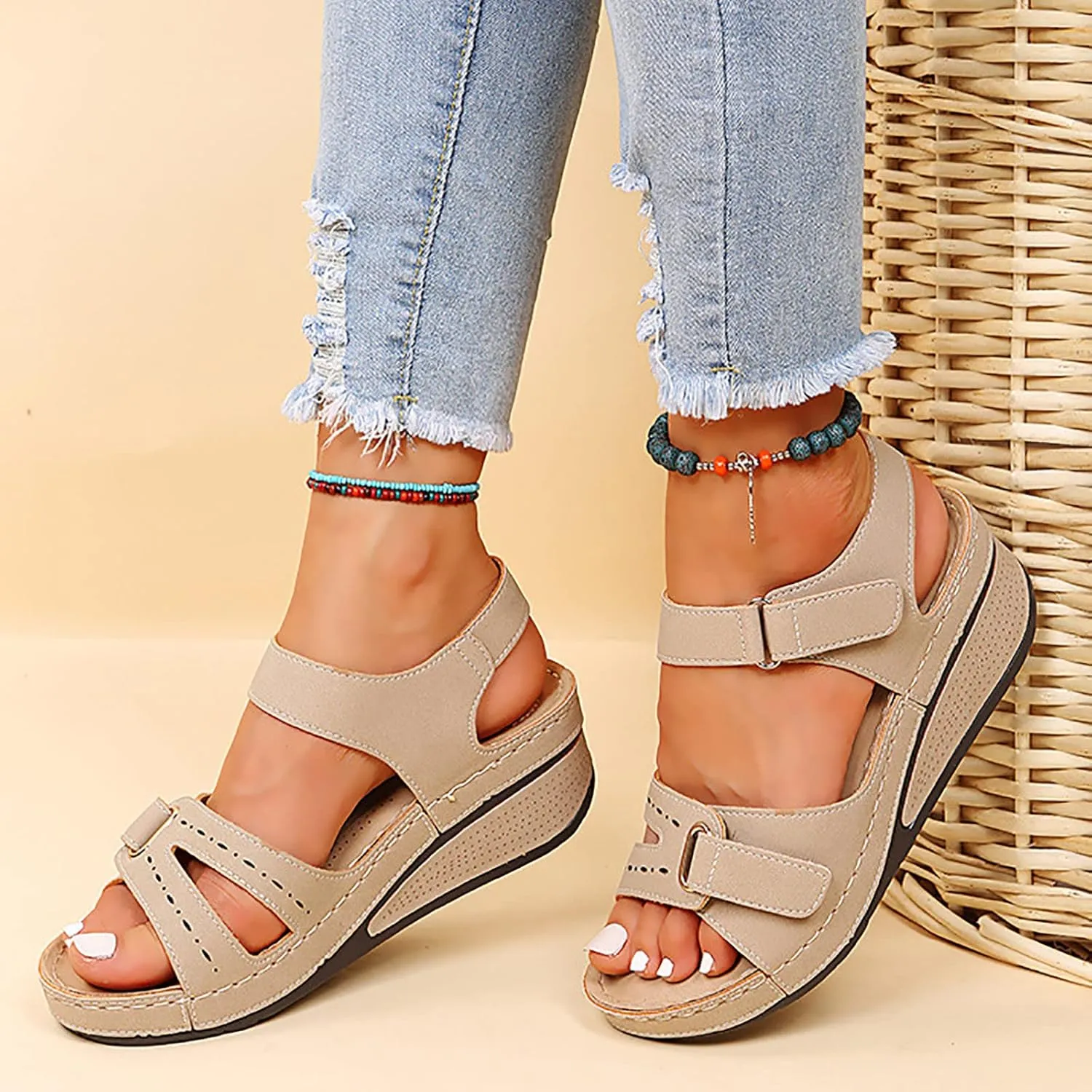 Orthopedic Wedge Sandals for Women Summer Dressy, Open Toe Ankle Strap Casual Platform Sandals Strappy Low Wedges Slip on Sandals Beach Sandals Dress Shoes Comfortable Outdoor Shoes