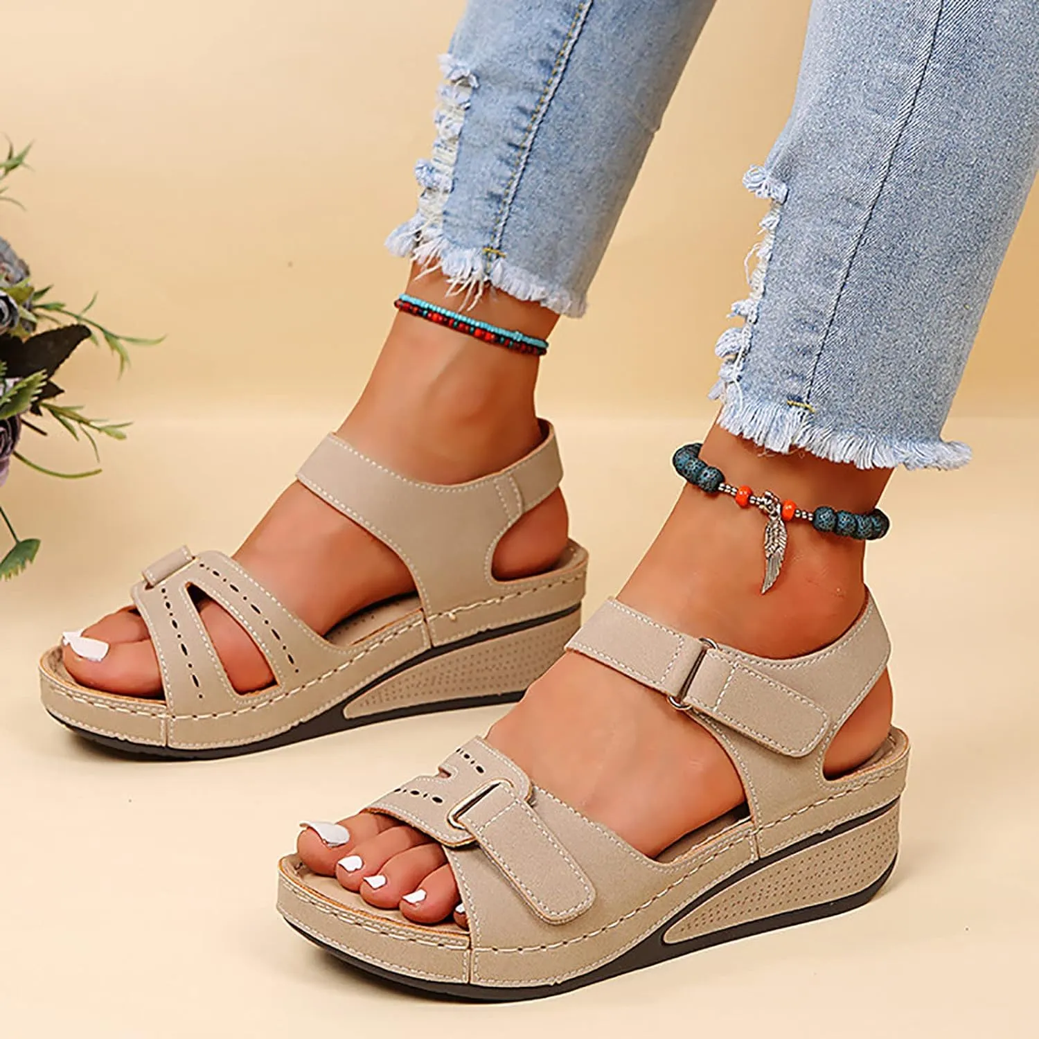 Orthopedic Wedge Sandals for Women Summer Dressy, Open Toe Ankle Strap Casual Platform Sandals Strappy Low Wedges Slip on Sandals Beach Sandals Dress Shoes Comfortable Outdoor Shoes