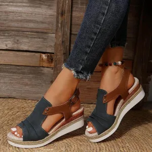 Orthopedic Wedge Sandals for Women Summer Dressy Open Toe Ankle Strap Platform Sandals Casual Strappy High Wedges Slip on Sandals Beach Sandals Dress Shoes Comfortable Outdoor Shoes (#A-Navy, 6.5)