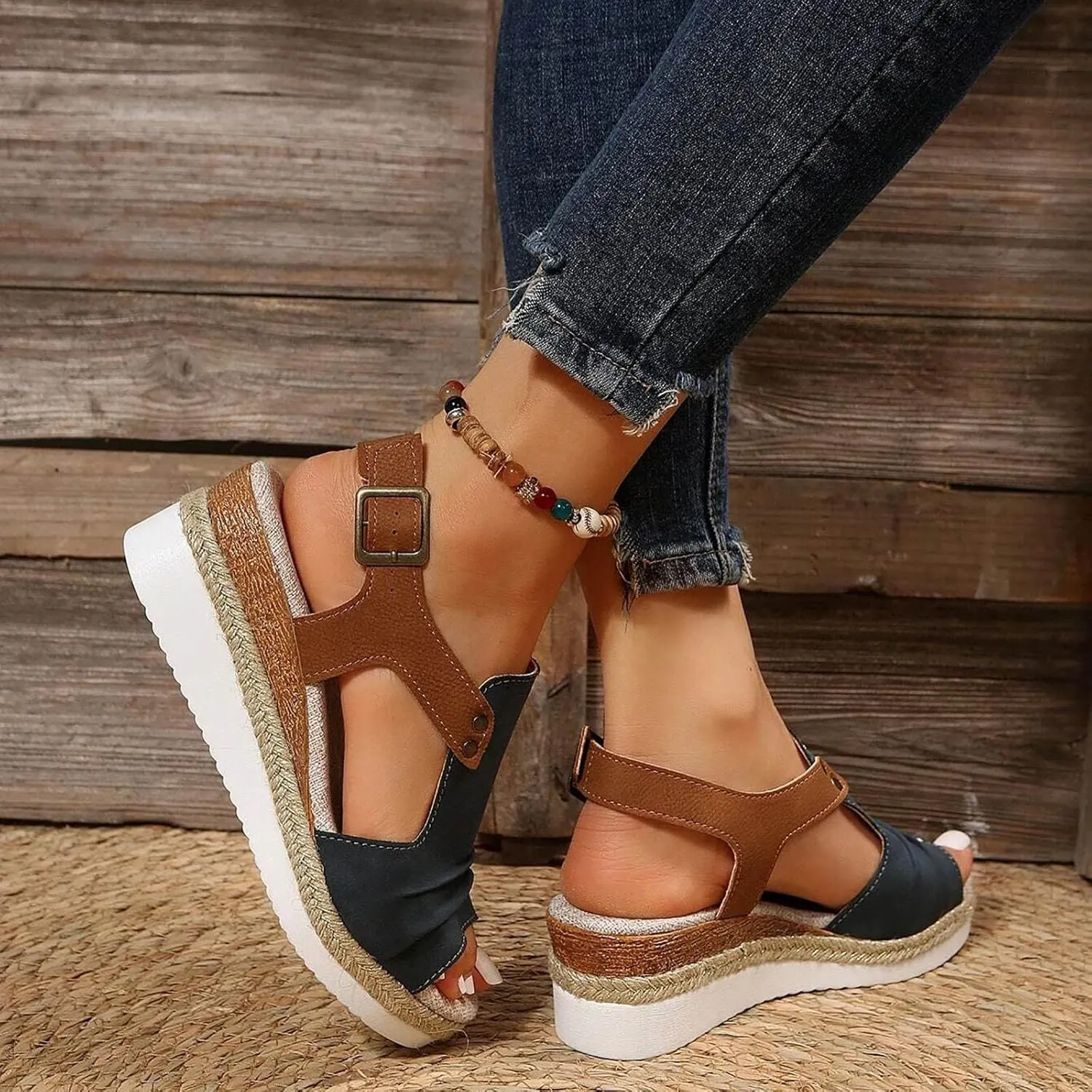 Orthopedic Wedge Sandals for Women Summer Dressy Open Toe Ankle Strap Platform Sandals Casual Strappy High Wedges Slip on Sandals Beach Sandals Dress Shoes Comfortable Outdoor Shoes (#A-Navy, 6.5)