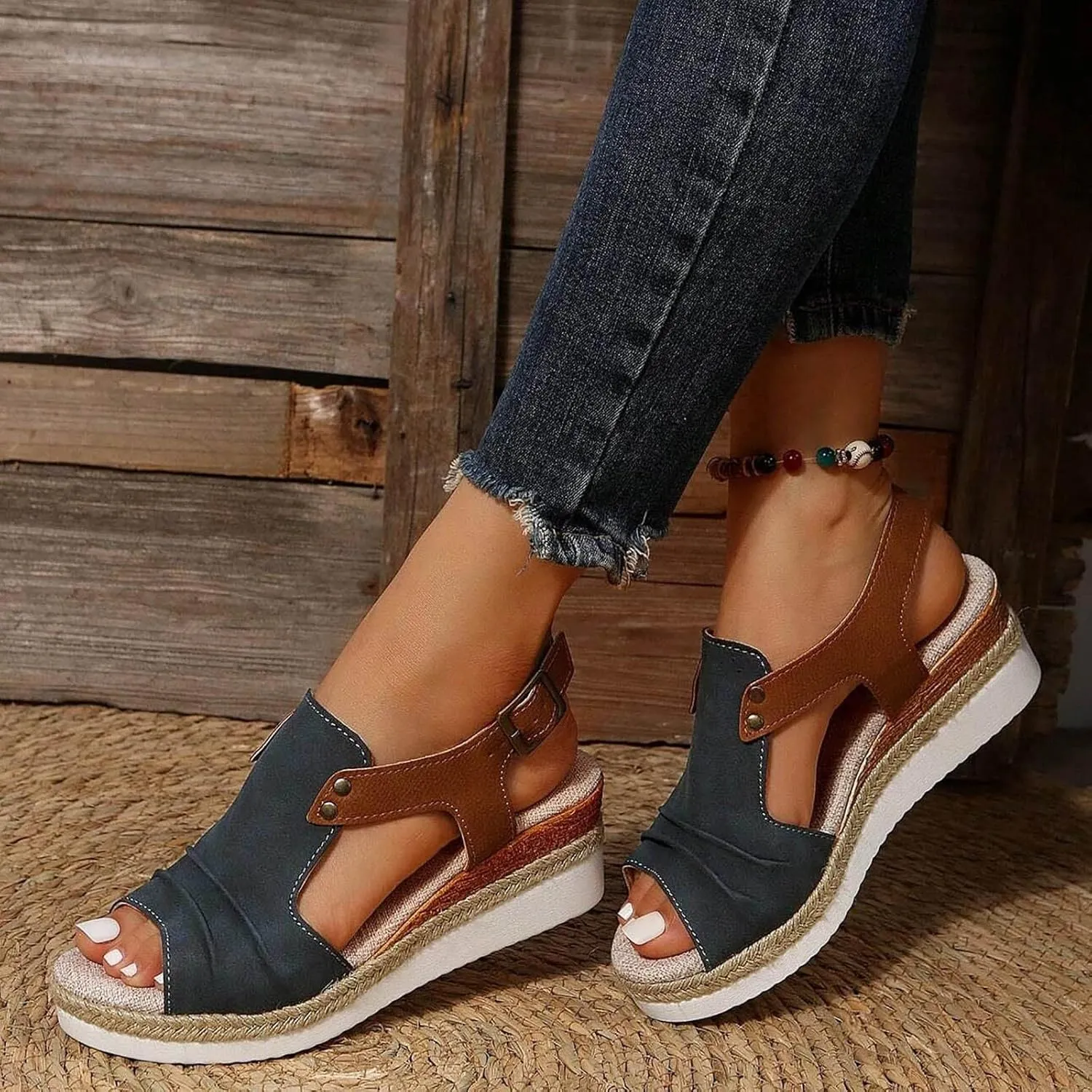 Orthopedic Wedge Sandals for Women Summer Dressy Open Toe Ankle Strap Platform Sandals Casual Strappy High Wedges Slip on Sandals Beach Sandals Dress Shoes Comfortable Outdoor Shoes (#A-Navy, 6.5)