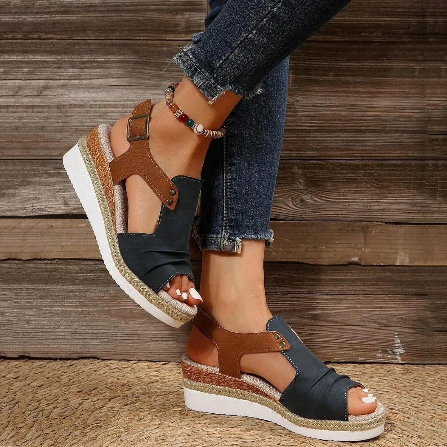 Orthopedic Wedge Sandals for Women Summer Dressy Open Toe Ankle Strap Platform Sandals Casual Strappy High Wedges Slip on Sandals Beach Sandals Dress Shoes Comfortable Outdoor Shoes (#A-Navy, 6.5)