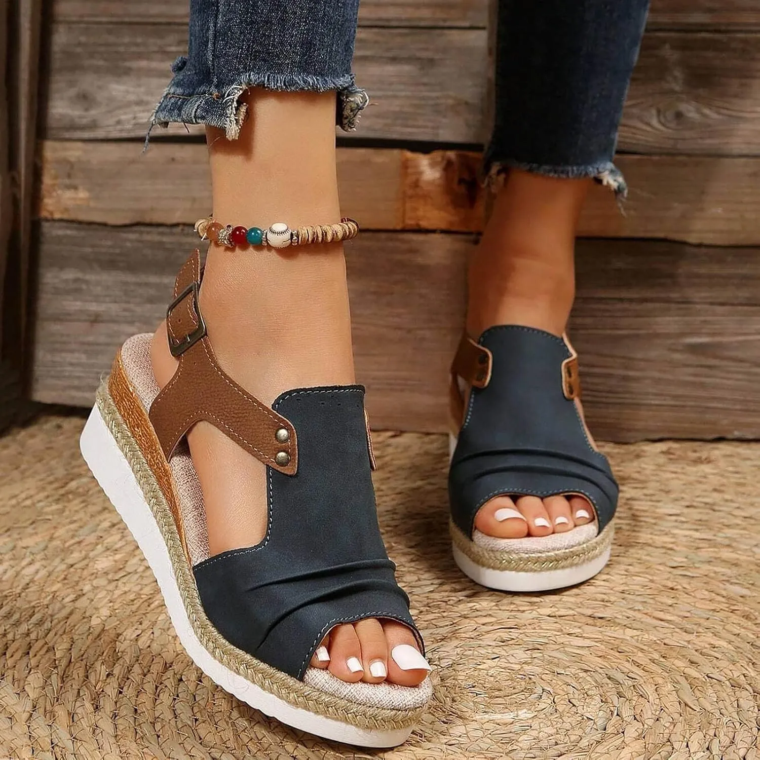 Orthopedic Wedge Sandals for Women Summer Dressy Open Toe Ankle Strap Platform Sandals Casual Strappy High Wedges Slip on Sandals Beach Sandals Dress Shoes Comfortable Outdoor Shoes (#A-Navy, 6.5)