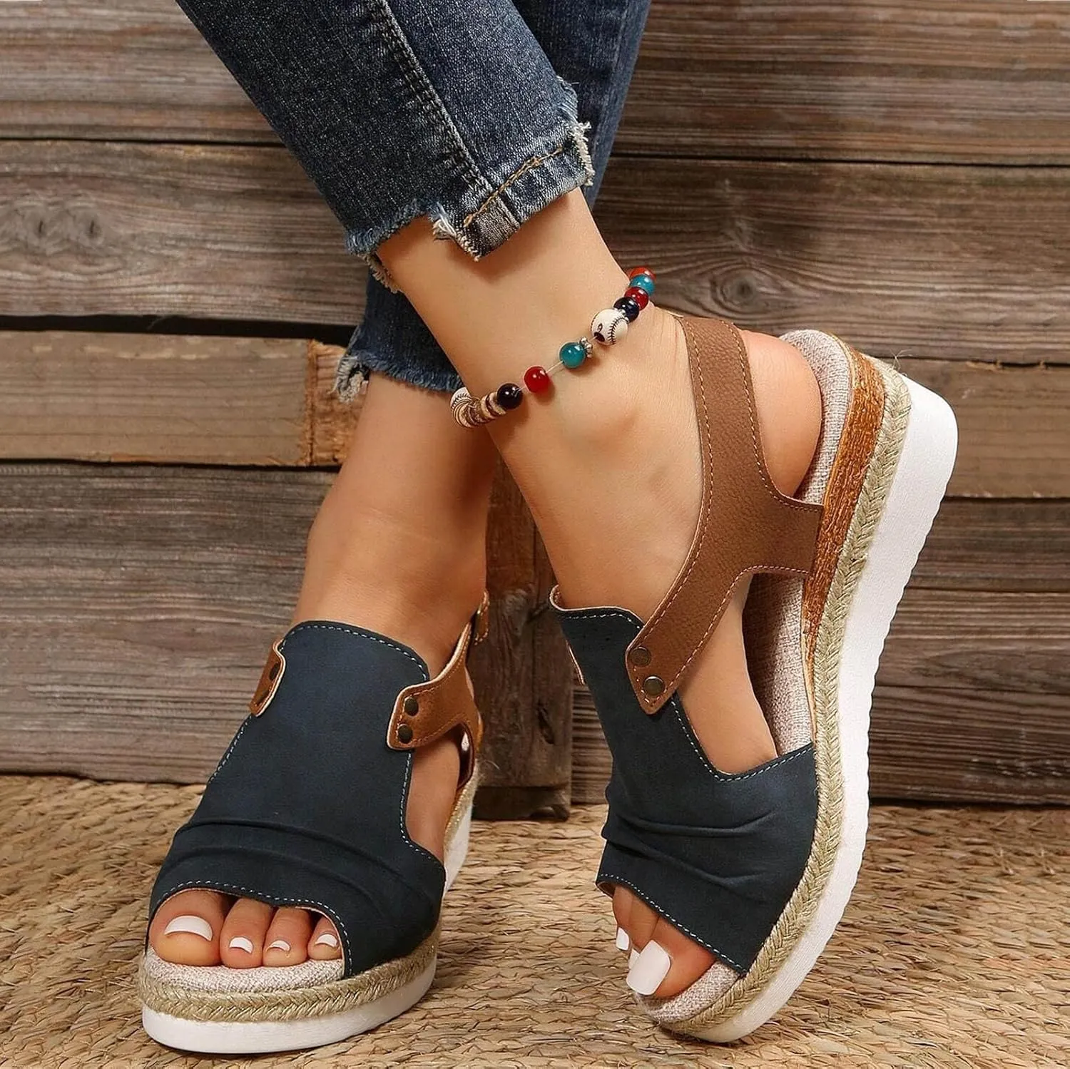 Orthopedic Wedge Sandals for Women Summer Dressy Open Toe Ankle Strap Platform Sandals Casual Strappy High Wedges Slip on Sandals Beach Sandals Dress Shoes Comfortable Outdoor Shoes (#A-Navy, 6.5)