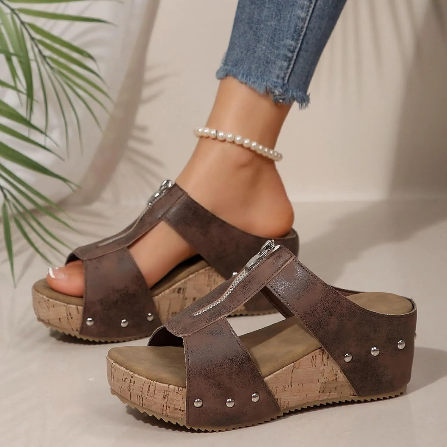 Orthopedic Zipper Thick Sole Wedge Slippers,Summer Comfortable Wide Width Platform Dress Sandals for Women 2025