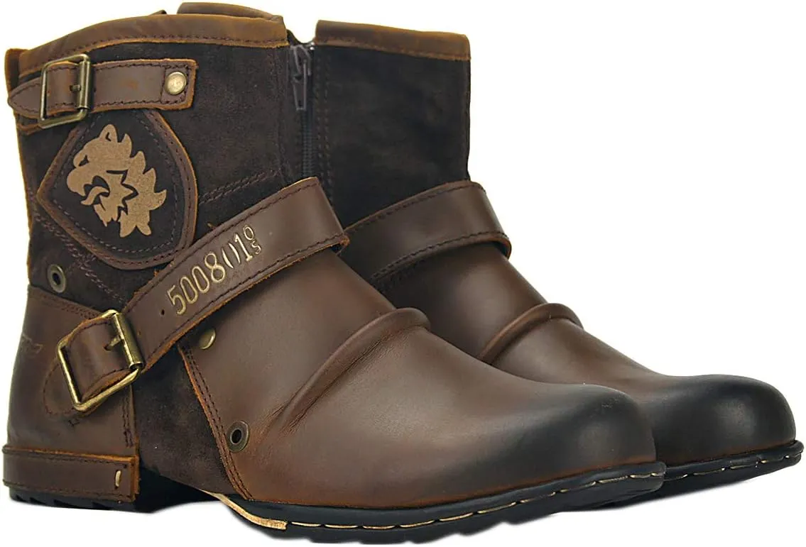 OSSTONE Moto Boots for Men Fashion Zipper-up Leather Chukka Boots Casual Shoes OS-5008-1-ABNH