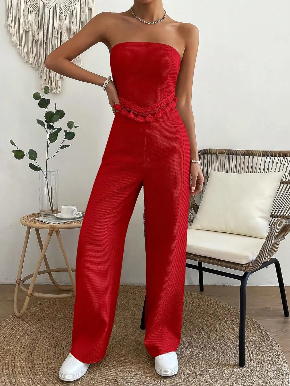 OYOANGLE Women's 2 Piece Outfits Summer Casual Fringe Trim Tassel Tube Top and Wide Leg Pants Set