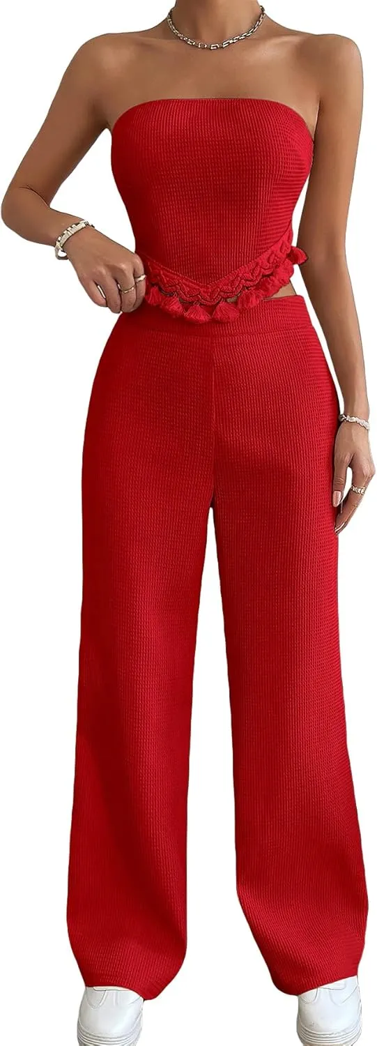 OYOANGLE Women's 2 Piece Outfits Summer Casual Fringe Trim Tassel Tube Top and Wide Leg Pants Set
