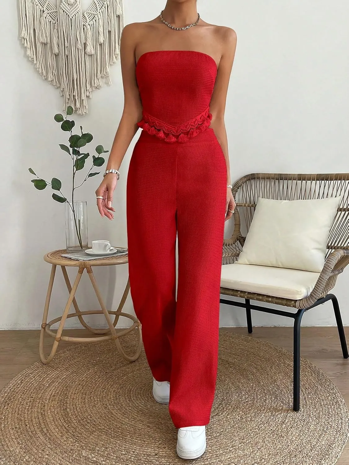 OYOANGLE Women's 2 Piece Outfits Summer Casual Fringe Trim Tassel Tube Top and Wide Leg Pants Set