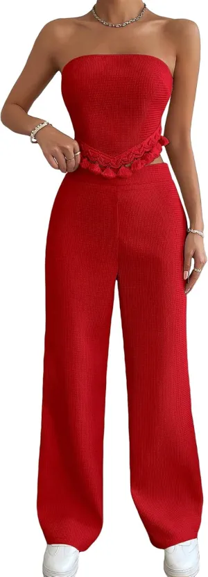 OYOANGLE Women's 2 Piece Outfits Summer Casual Fringe Trim Tassel Tube Top and Wide Leg Pants Set