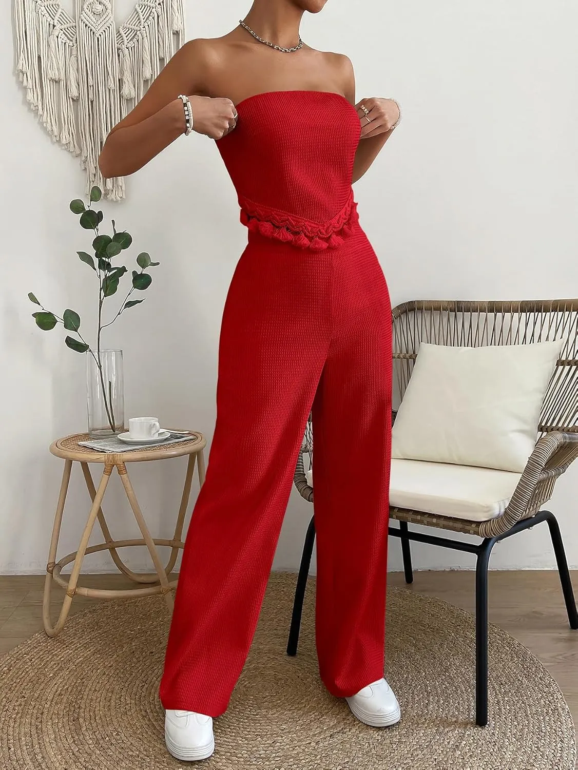 OYOANGLE Women's 2 Piece Outfits Summer Casual Fringe Trim Tassel Tube Top and Wide Leg Pants Set