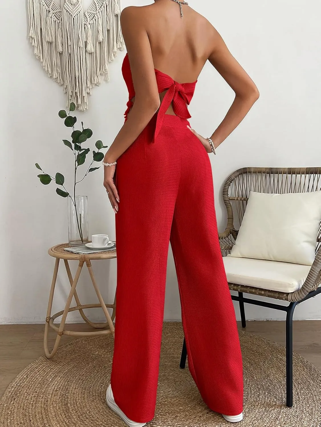 OYOANGLE Women's 2 Piece Outfits Summer Casual Fringe Trim Tassel Tube Top and Wide Leg Pants Set