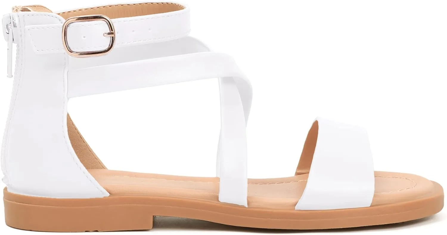 PANDANINJIA Cindy Girls Gladiator Sandals Toddler/Little Kid Open Toe Cross Strappy Dress Flats Sandals Summer Shoes with Back Zipper