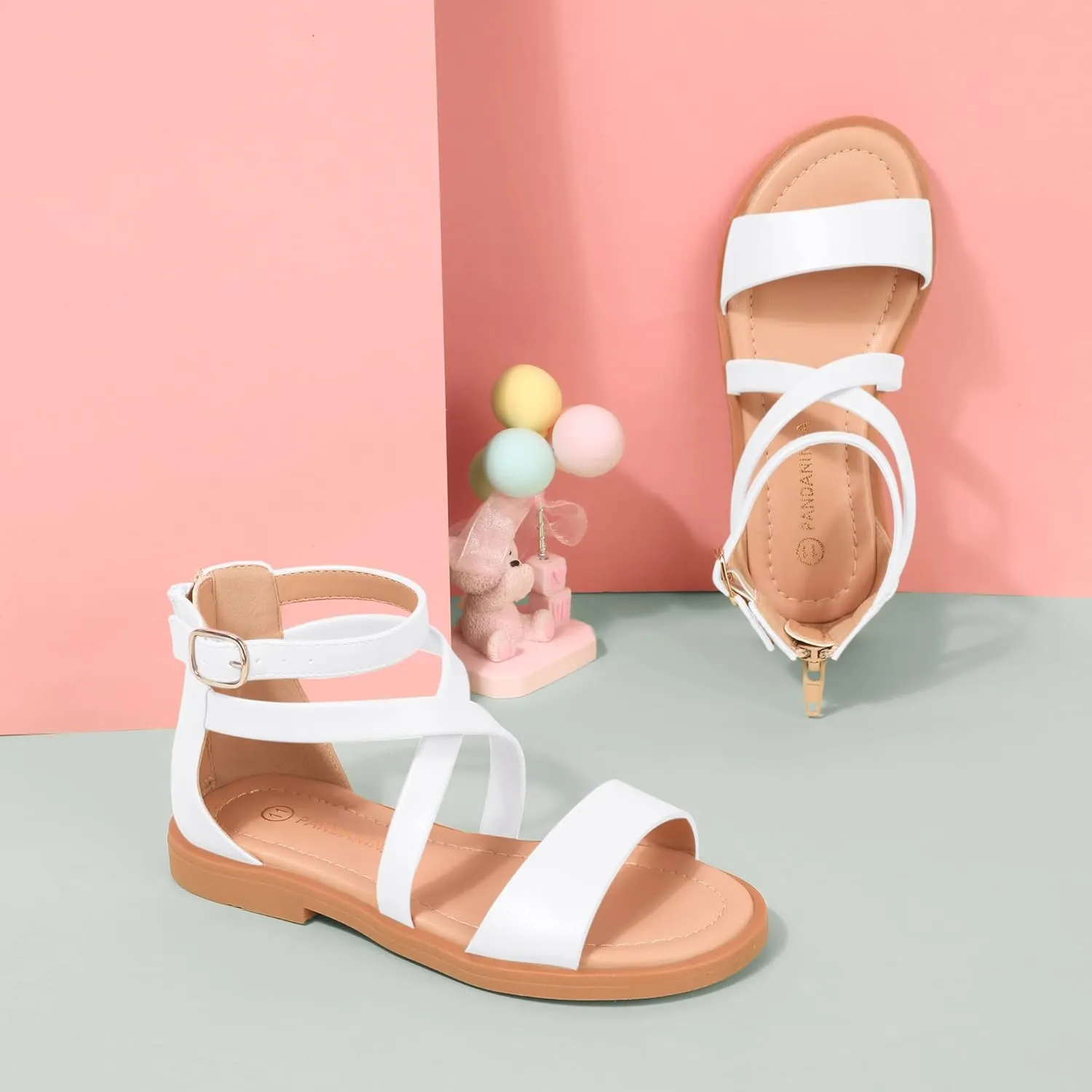PANDANINJIA Cindy Girls Gladiator Sandals Toddler/Little Kid Open Toe Cross Strappy Dress Flats Sandals Summer Shoes with Back Zipper