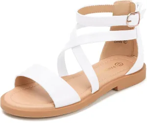 PANDANINJIA Cindy Girls Gladiator Sandals Toddler/Little Kid Open Toe Cross Strappy Dress Flats Sandals Summer Shoes with Back Zipper