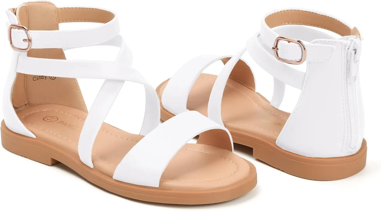 PANDANINJIA Cindy Girls Gladiator Sandals Toddler/Little Kid Open Toe Cross Strappy Dress Flats Sandals Summer Shoes with Back Zipper
