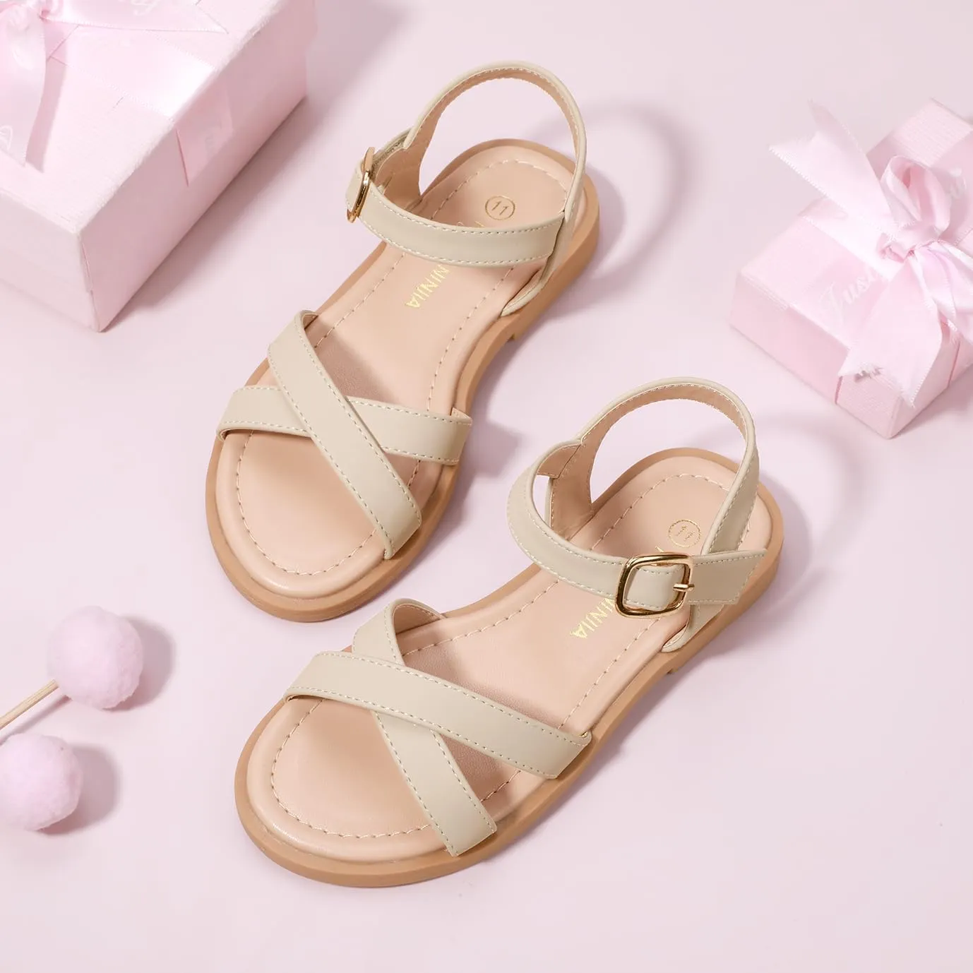 PANDANINJIA Elva Girls Sandals Open Toe Cute Flats Dress Sandals Cross Strappy Summer Shoes Toddler/Little Kid/Big Kid