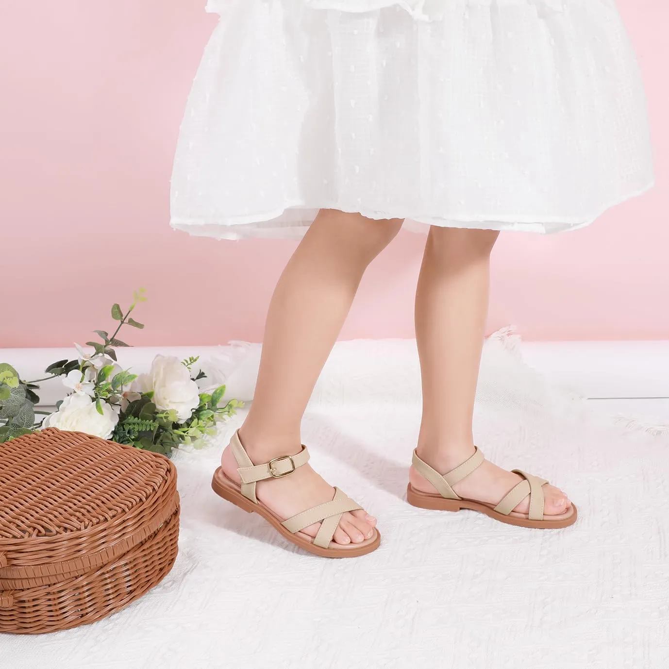 PANDANINJIA Elva Girls Sandals Open Toe Cute Flats Dress Sandals Cross Strappy Summer Shoes Toddler/Little Kid/Big Kid
