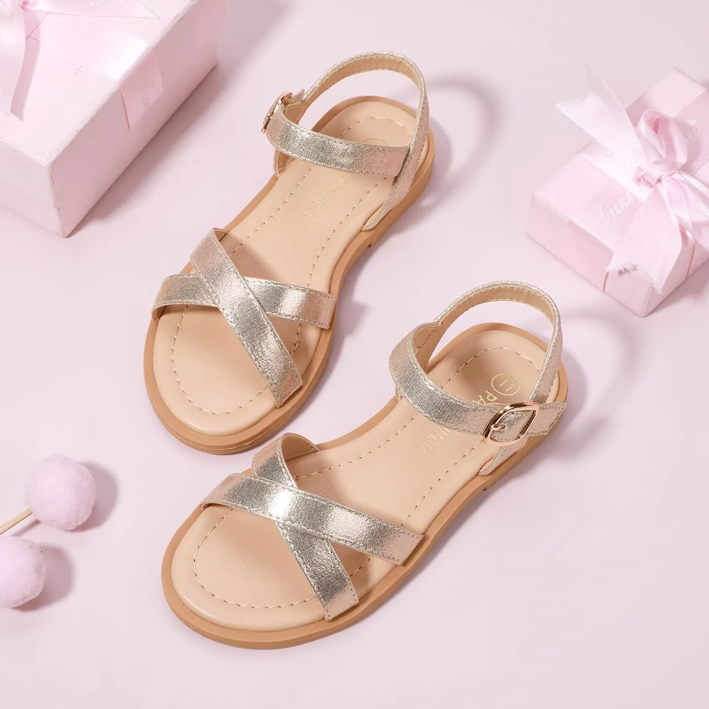 PANDANINJIA Elva Girls Sandals Open Toe Cute Flats Dress Sandals Cross Strappy Summer Shoes Toddler/Little Kid/Big Kid