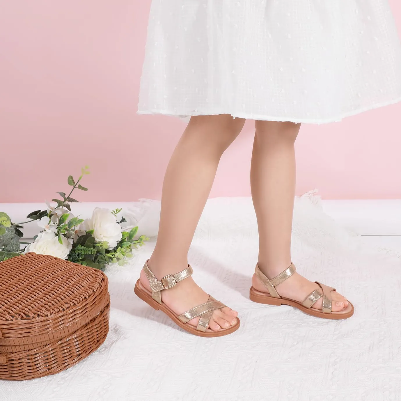 PANDANINJIA Elva Girls Sandals Open Toe Cute Flats Dress Sandals Cross Strappy Summer Shoes Toddler/Little Kid/Big Kid