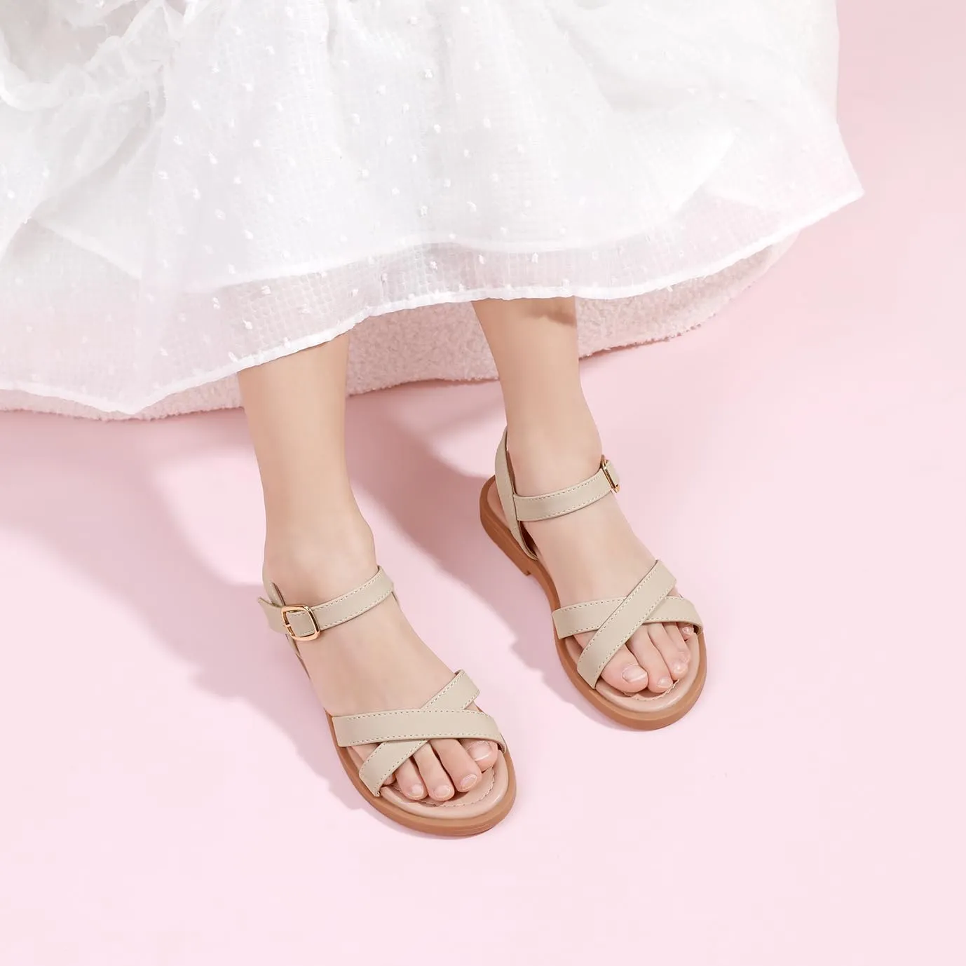 PANDANINJIA Elva Girls Sandals Open Toe Cute Flats Dress Sandals Cross Strappy Summer Shoes Toddler/Little Kid/Big Kid