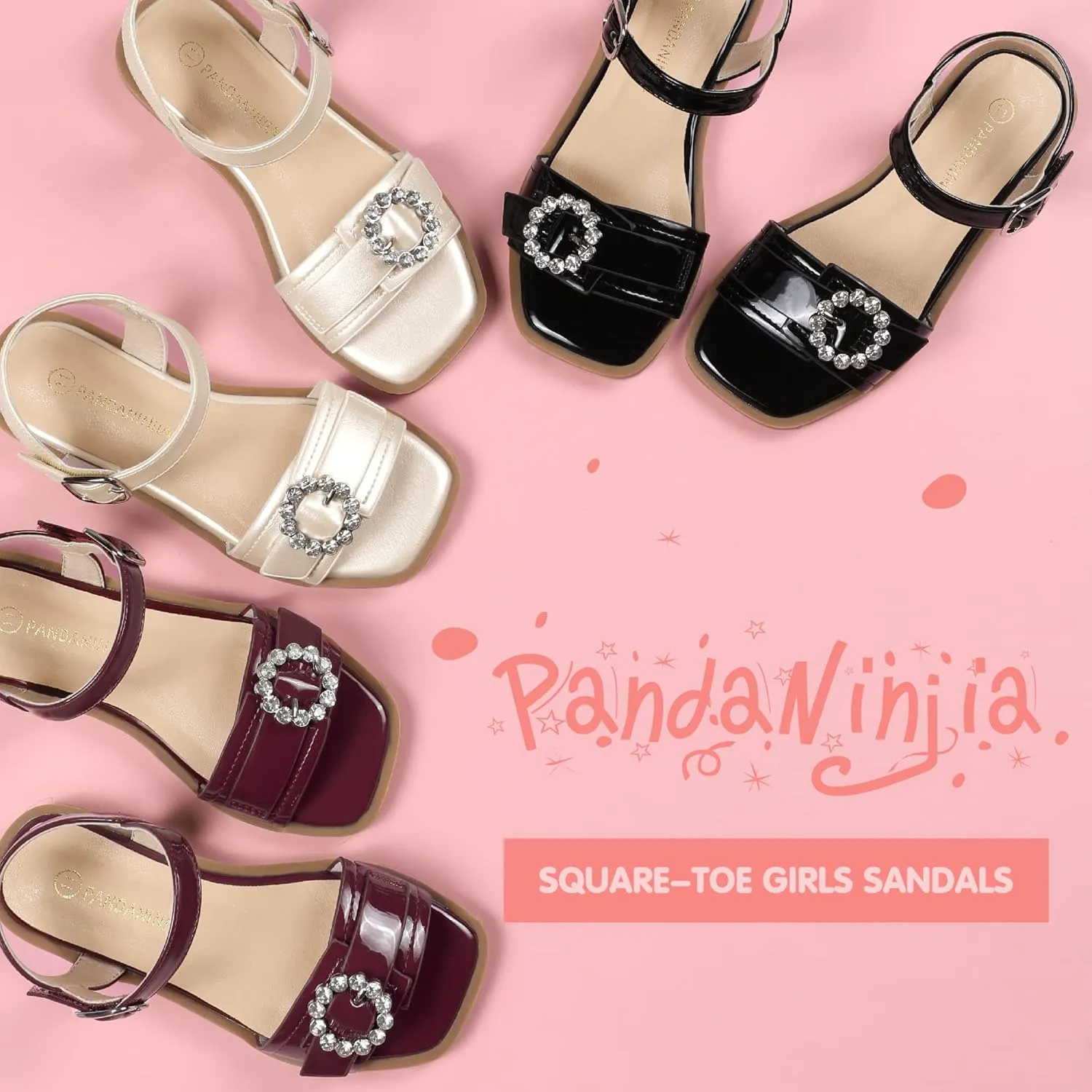PANDANINJIA Girls Sandals Hannah Square-Toe Summer Shoes Dress Sandals Flats for Toddler/Little Kid/Big Kid