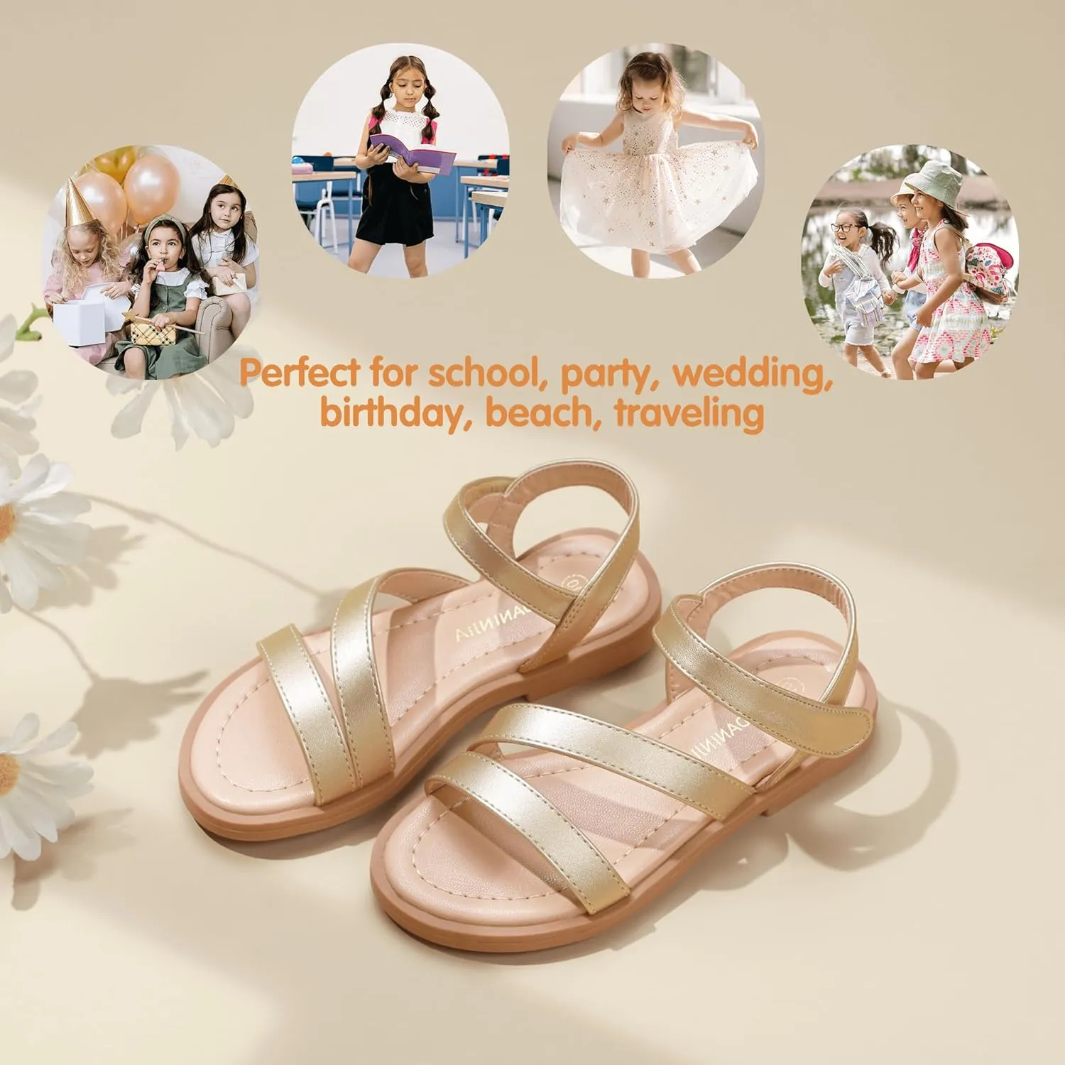 PANDANINJIA Girls Sandals Monica Summer Open Toe Flats Shoes Dress Sandals for Toddler Little Kid Big Kid