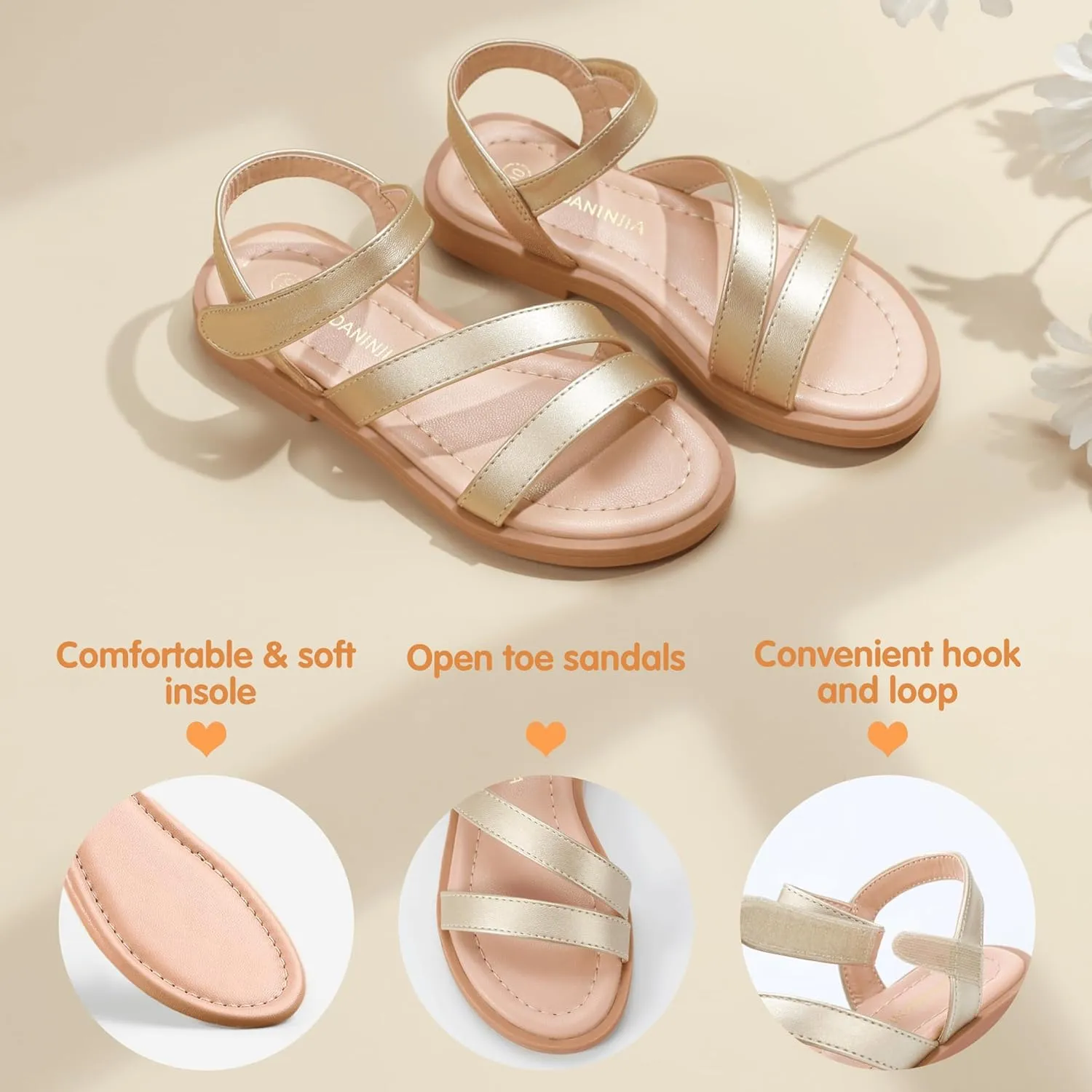 PANDANINJIA Girls Sandals Monica Summer Open Toe Flats Shoes Dress Sandals for Toddler Little Kid Big Kid