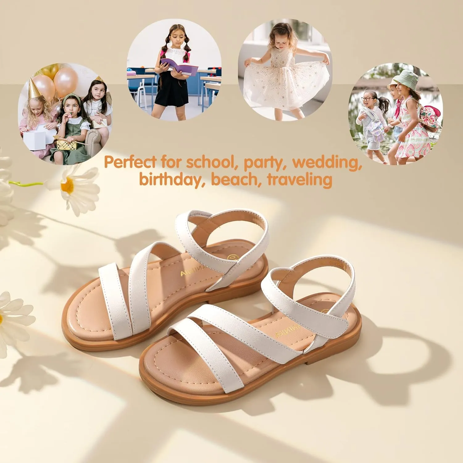 PANDANINJIA Girls Sandals Monica Summer Open Toe Flats Shoes Dress Sandals for Toddler Little Kid Big Kid