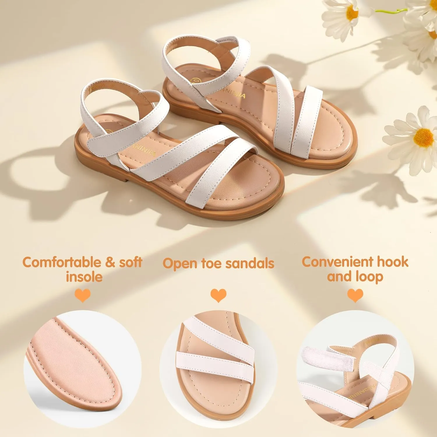 PANDANINJIA Girls Sandals Monica Summer Open Toe Flats Shoes Dress Sandals for Toddler Little Kid Big Kid