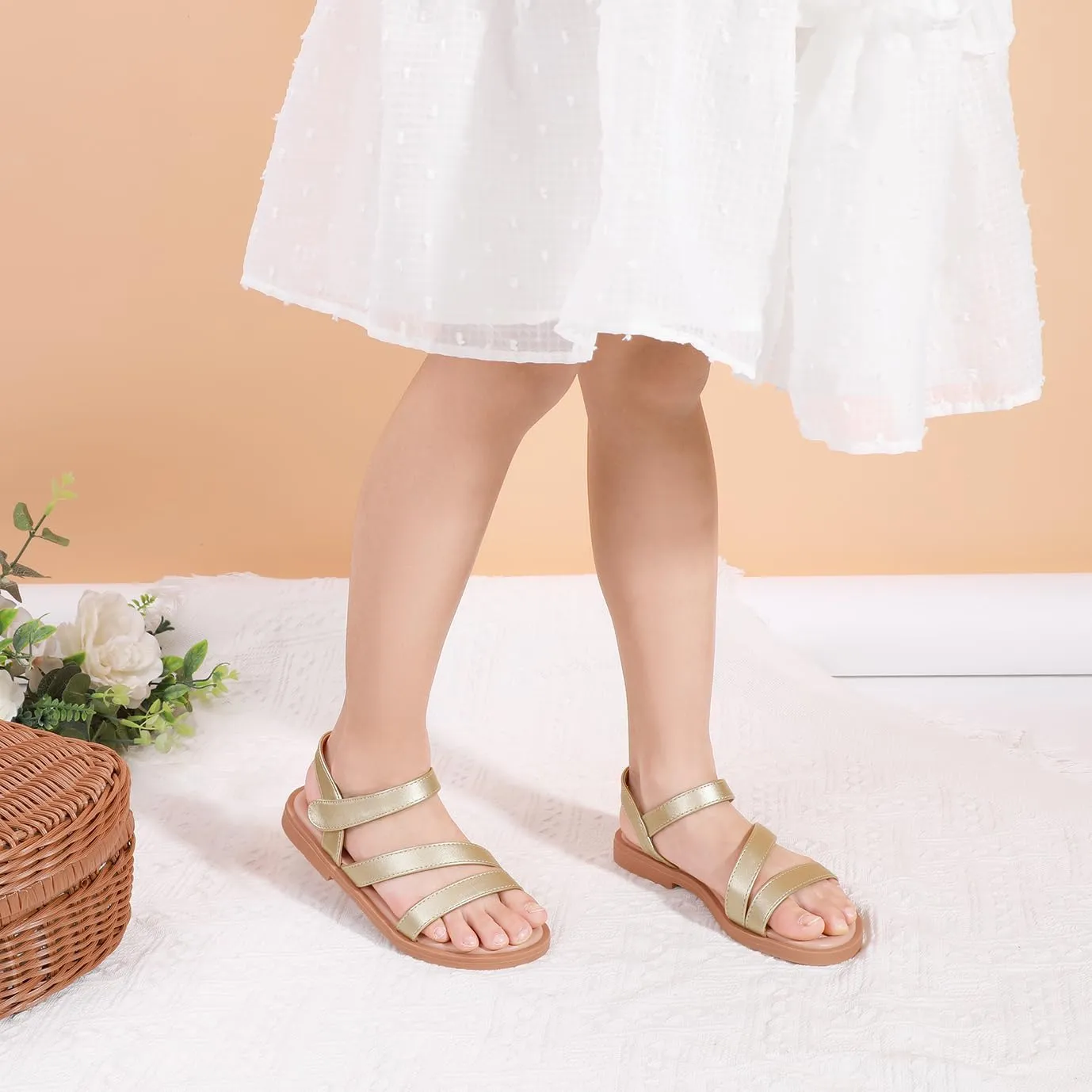 PANDANINJIA Girls Sandals Monica Summer Open Toe Flats Shoes Dress Sandals for Toddler Little Kid Big Kid