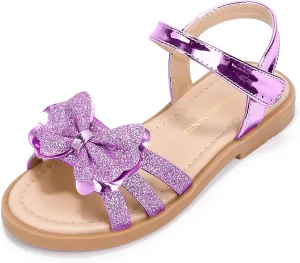 PANDANINJIA Girls Sandals, Open Toe Cute Bow Princess Girls Flats, Sparkly Summer Dress Shoes Sandals for Toddler/Little Kid/Big Kid