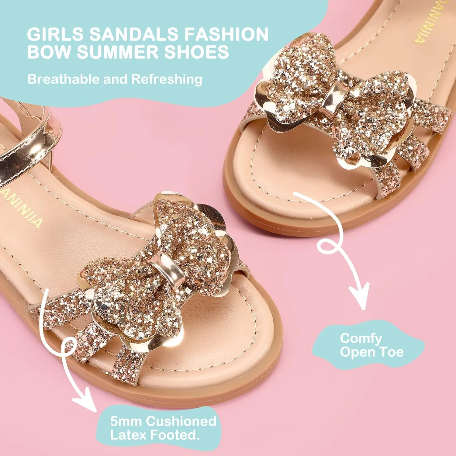 PANDANINJIA Girls Sandals, Open Toe Cute Bow Princess Girls Flats, Sparkly Summer Dress Shoes Sandals for Toddler/Little Kid/Big Kid