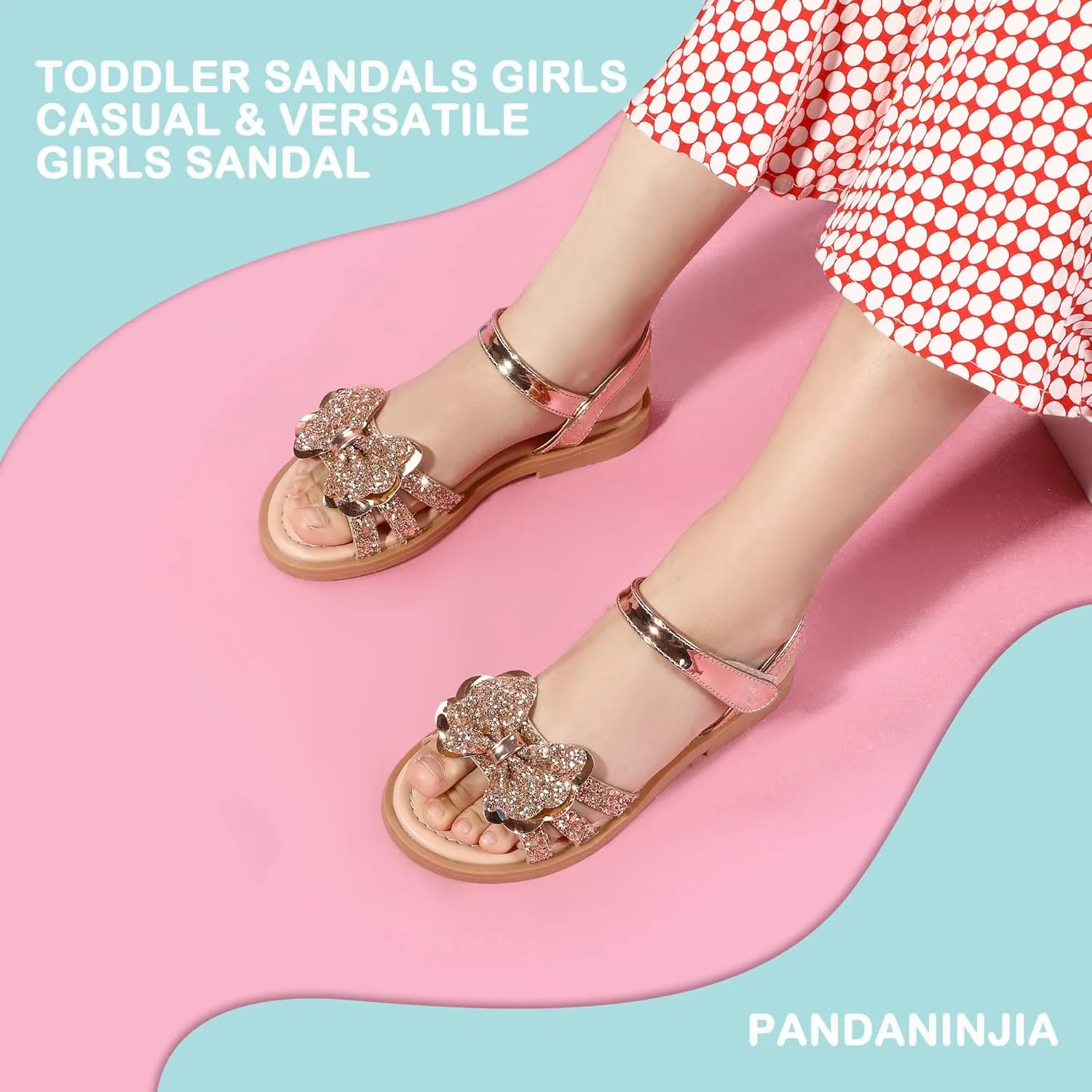 PANDANINJIA Girls Sandals, Open Toe Cute Bow Princess Girls Flats, Sparkly Summer Dress Shoes Sandals for Toddler/Little Kid/Big Kid