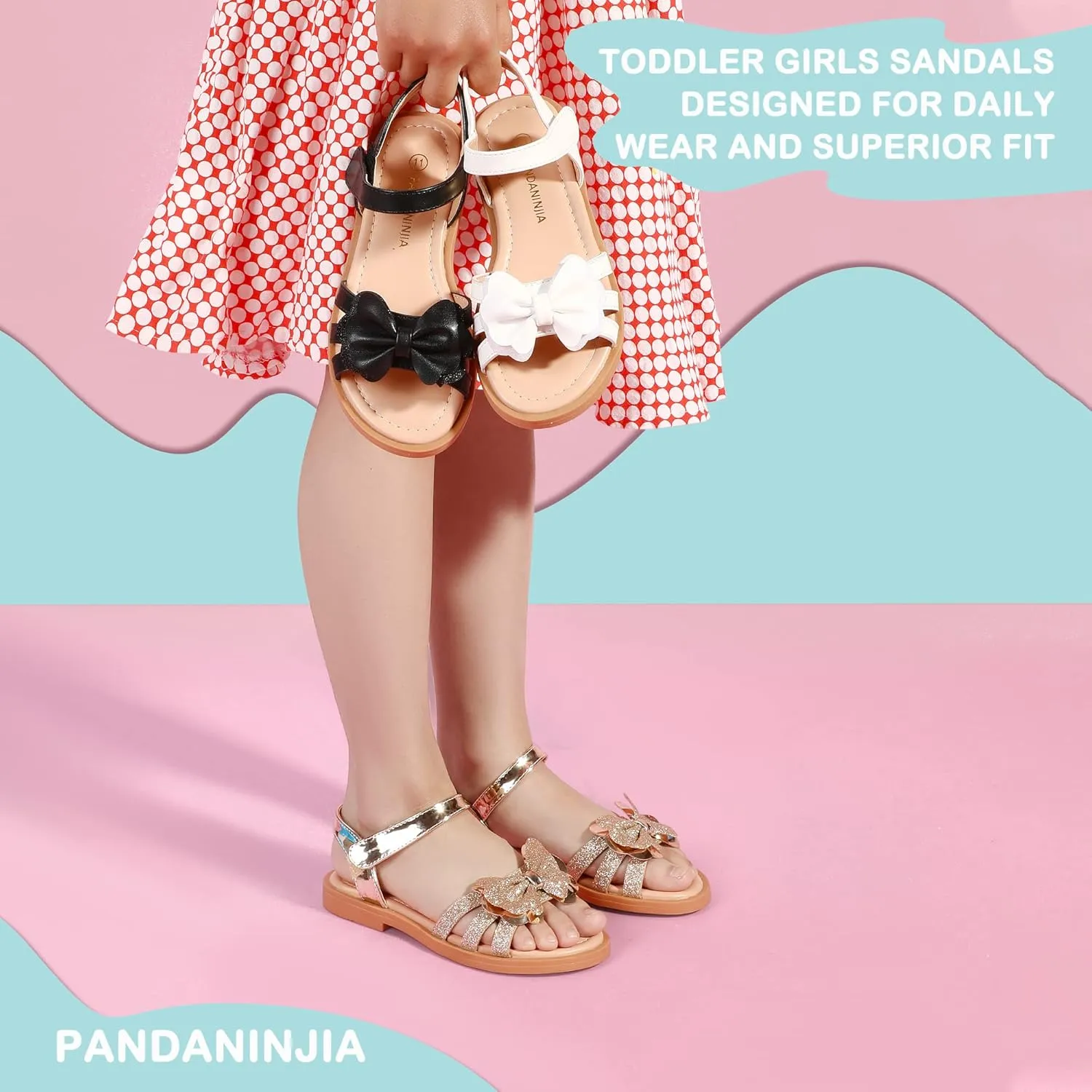 PANDANINJIA Girls Sandals, Open Toe Cute Bow Princess Girls Flats, Sparkly Summer Dress Shoes Sandals for Toddler/Little Kid/Big Kid