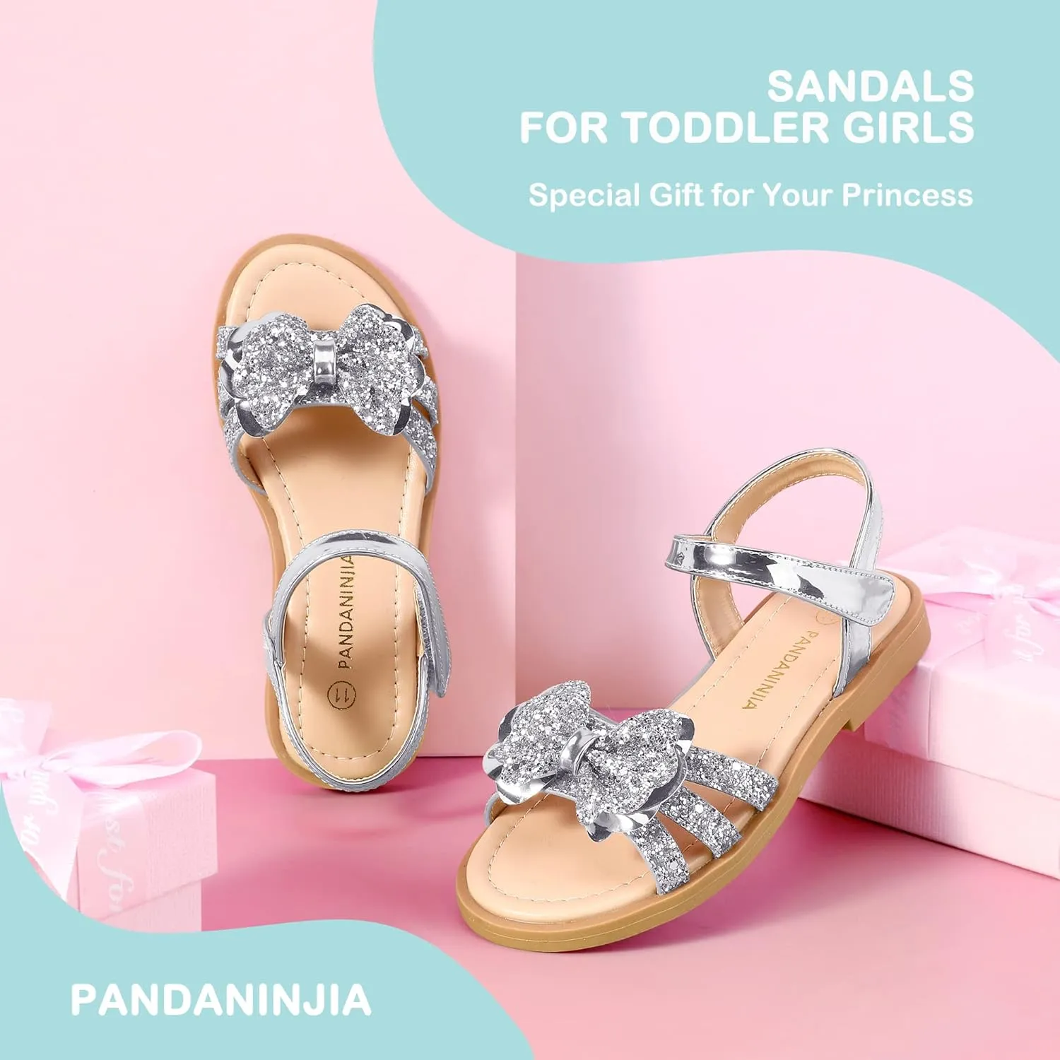 PANDANINJIA Girls Sandals, Open Toe Cute Bow Princess Girls Flats, Sparkly Summer Dress Shoes Sandals for Toddler/Little Kid/Big Kid
