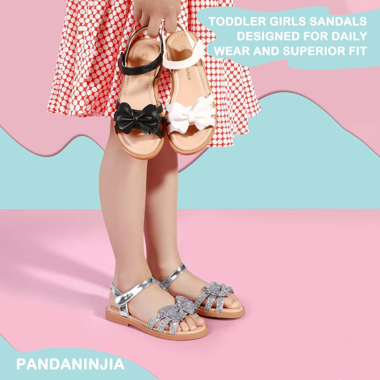 PANDANINJIA Girls Sandals, Open Toe Cute Bow Princess Girls Flats, Sparkly Summer Dress Shoes Sandals for Toddler/Little Kid/Big Kid
