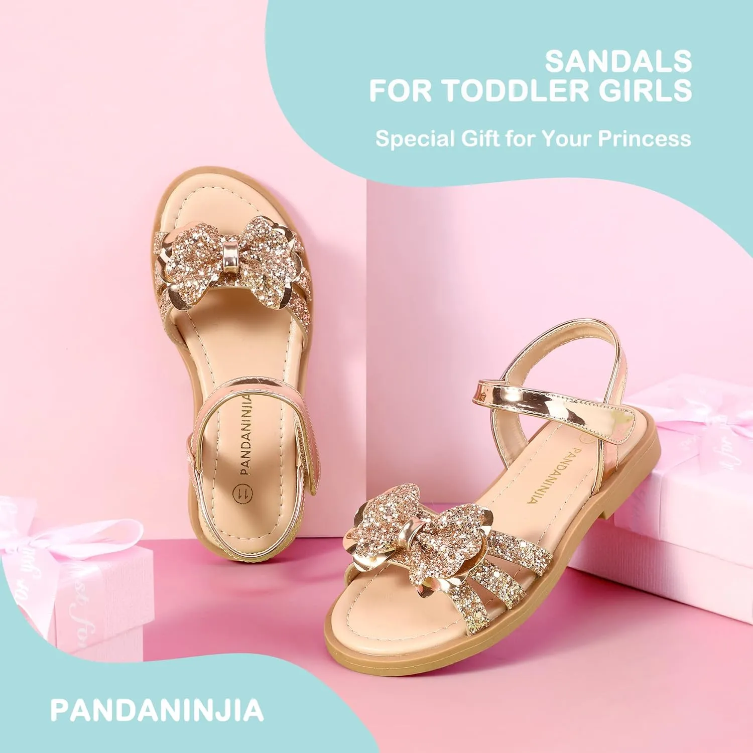 PANDANINJIA Girls Sandals, Open Toe Cute Bow Princess Girls Flats, Sparkly Summer Dress Shoes Sandals for Toddler/Little Kid/Big Kid