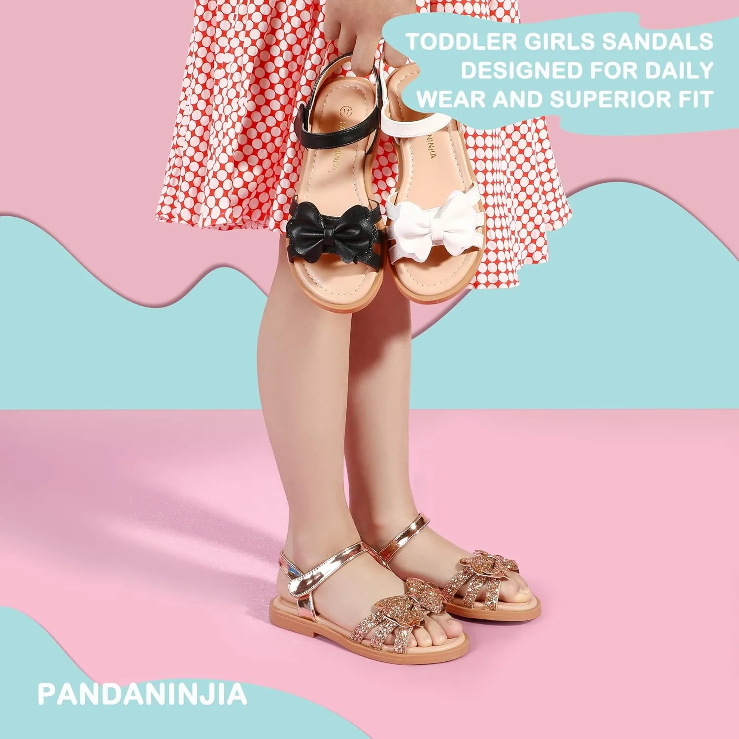 PANDANINJIA Girls Sandals, Open Toe Cute Bow Princess Girls Flats, Sparkly Summer Dress Shoes Sandals for Toddler/Little Kid/Big Kid