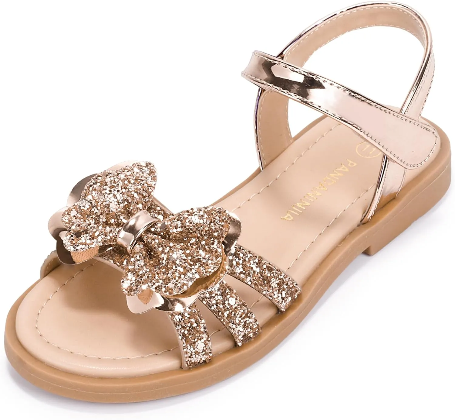 PANDANINJIA Girls Sandals, Open Toe Cute Bow Princess Girls Flats, Sparkly Summer Dress Shoes Sandals for Toddler/Little Kid/Big Kid