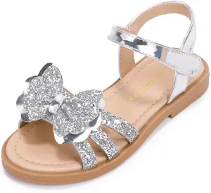 PANDANINJIA Girls Sandals, Open Toe Cute Bow Princess Girls Flats, Sparkly Summer Dress Shoes Sandals for Toddler/Little Kid/Big Kid