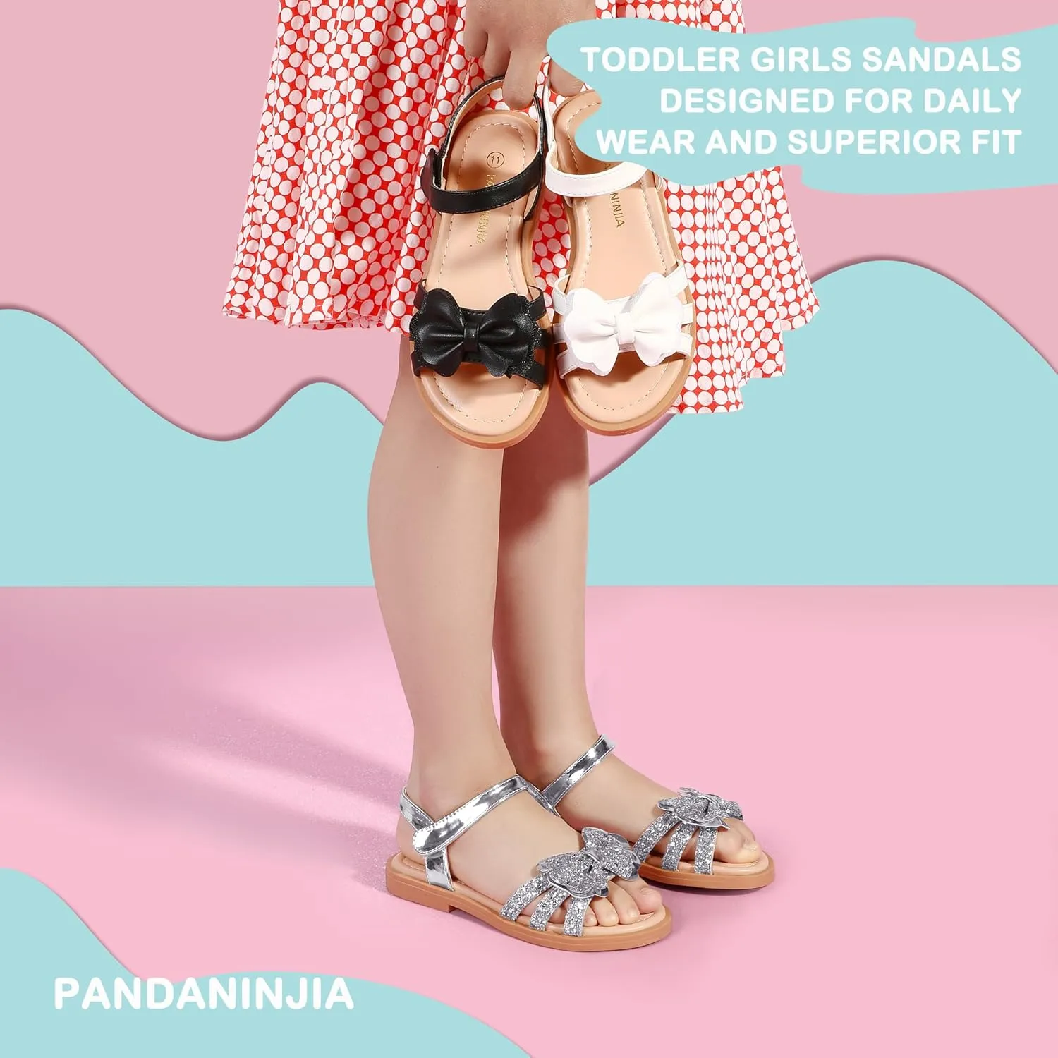 PANDANINJIA Girls Sandals, Open Toe Cute Bow Princess Girls Flats, Sparkly Summer Dress Shoes Sandals for Toddler/Little Kid/Big Kid
