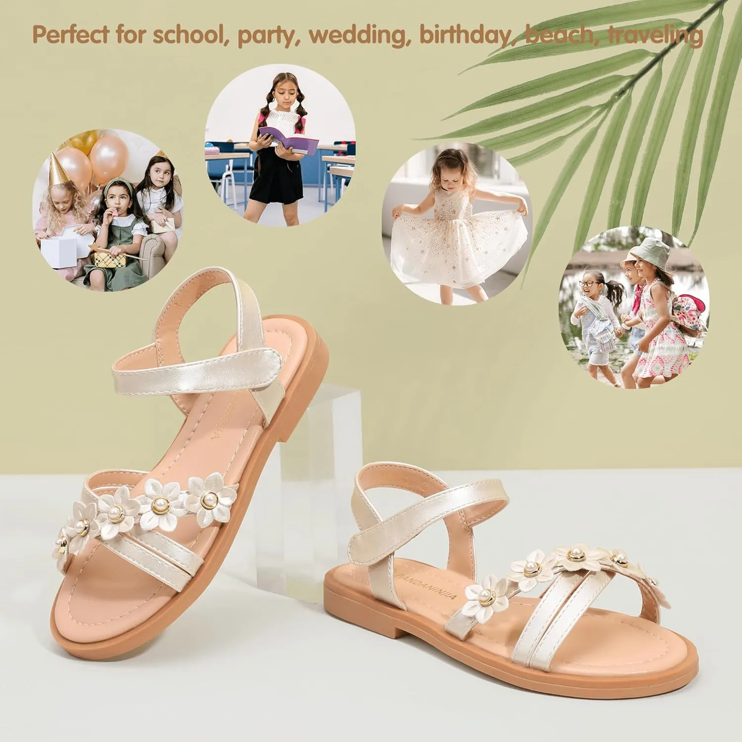 PANDANINJIA Girls Sandals Toddler Little Big Kids Kid Cute Open Toe Flats Dress Sandals Mona Summer Shoes