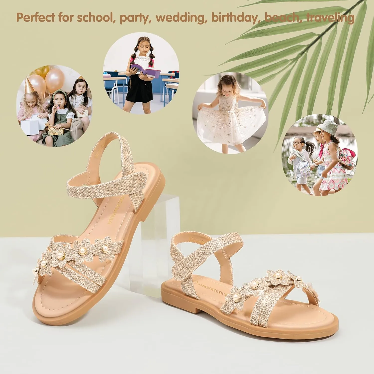 PANDANINJIA Girls Sandals Toddler Little Big Kids Kid Cute Open Toe Flats Dress Sandals Mona Summer Shoes
